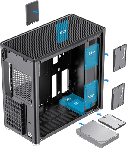 Oversigt over plads til harddiske i Vision Viper M130 Plus kabinettet